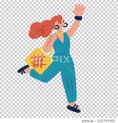 A woman jumping with joy - colorful and flat hand-drawn illustration 125743362