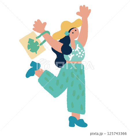 ジャンプして喜ぶ女性　カラフルでフラットな手書きのイラスト 125743366
