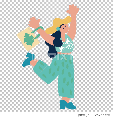 A woman jumping with joy - colorful and flat hand-drawn illustration 125743366