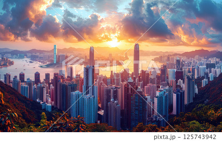 Dramatic sunset over a dense urban skyline with water and mountains. Generate AI 125743942