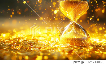 輝く砂時計と金貨 125744060
