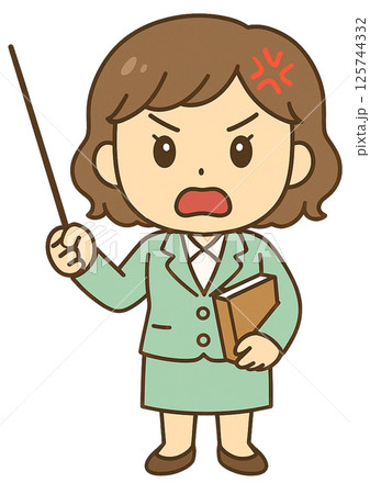 怒って叫んでいる本と指し棒を持った女性教師 125744332