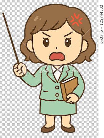 怒って叫んでいる本と指し棒を持った女性教師 125744332