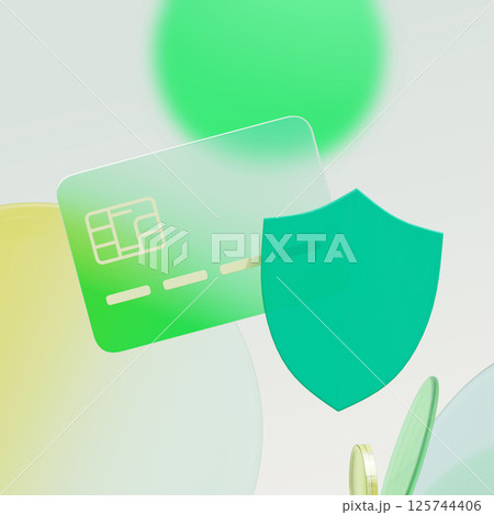Credit card and shield shaped security glassmorphism 3D image Credit card and shield shaped security glassmorphism 3D image 125744406