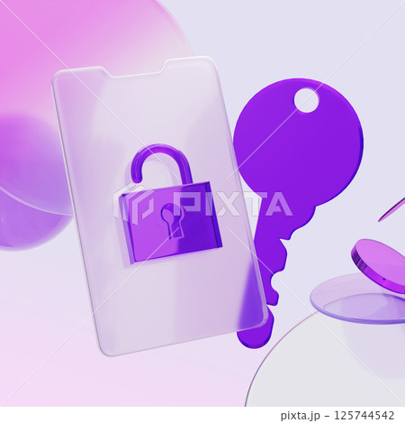 Cell Phone Lock and Key Security Glassmorphism 3D Image 125744542