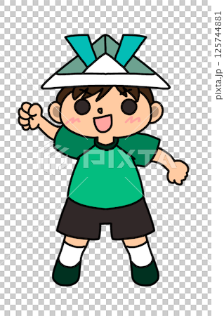 紙の兜をかぶってガッツポーズをする男の子 125744881