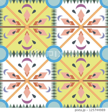 abstract and colorful pattern featuring repeating square and diamond motifs arranged in a grid, geometric elements, including stripes, cultural design pattern 125744989