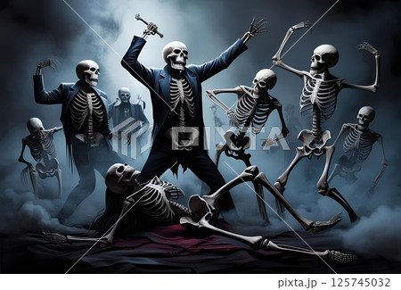 集まって盛り上がっているガイコツたちのイラスト 125745032