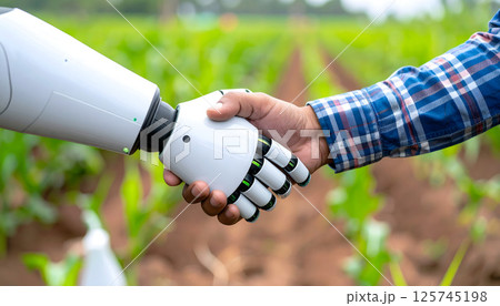 農業の現場でロボットと握手する農家 125745198