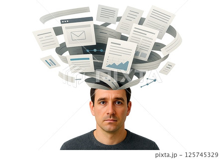 情報の渦巻きに包まれる男性 125745329