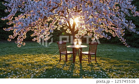 Golden sunset serenity under blooming cherry tree 125745516