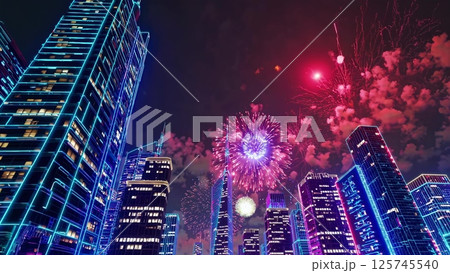 Fireworks exploding over neon lit skyscrapers...のイラスト素材 [125745540] - PIXTA