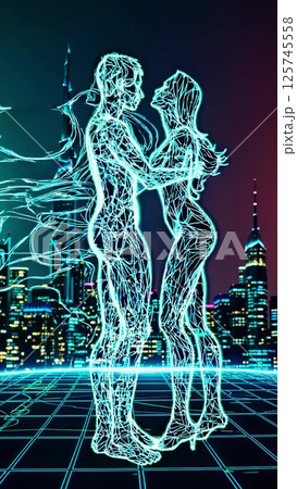 Neon lovers embracing in futuristic cityscape 125745558