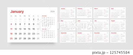Monthly calendar layout for 2026. Planner diary. 125745584