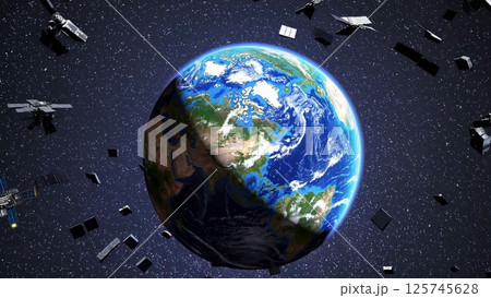 Earth rotating surrounded by space debris and satellites 125745628