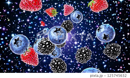Ripe. Colorful berries levitating against starry cosmic background 125745632
