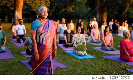 Elderly indian yoga teacher leading a group meditation in a park Elderly indian yoga teacher leading a group meditation in a park 125745709