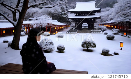 Woman meditating in snowy japanese temple garden 125745710