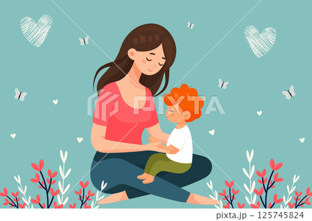 mother and child cute vector illustration with flowers and butterflies in a joyful scene. mother and child cute vector illustration with flowers and butterflies in a joyful scene. 125745824