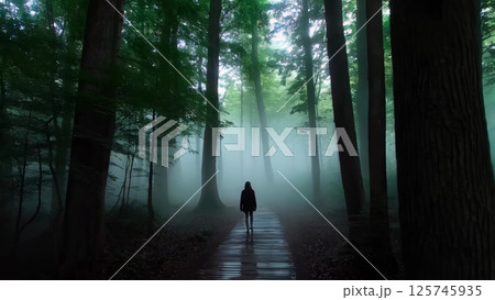 Woman walking alone on a boardwalk in a foggy forest 125745935
