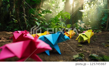 Colorful origami animals running in the jungle Colorful origami animals running in the jungle 125745987