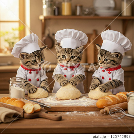 仲良し三兄弟のパン職人子猫たち 仲良し三兄弟のパン職人子猫たち 125745998
