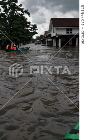 Rescuers Navigating Flooded Streets in Indonesia 125746118