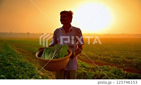 Indian farmer holding a basket of fresh vegetables at sunrise in a field 125746153
