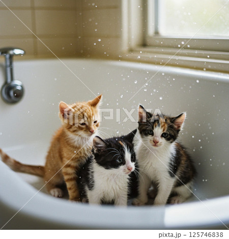 水しぶきと子猫たちのバスタイム 125746838
