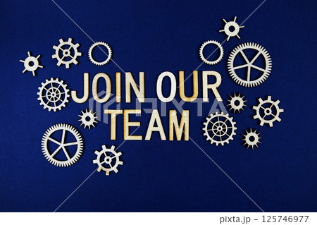 Join Our Team alphabet letters with gears element on navy blue background 125746977