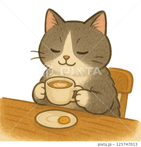カフェでコーヒーを楽しむ猫のイラスト|癒しの表情・グレー猫・リラックスタイム カフェでコーヒーを楽しむ猫のイラスト|癒しの表情・グレー猫・リラックスタイム 125747013