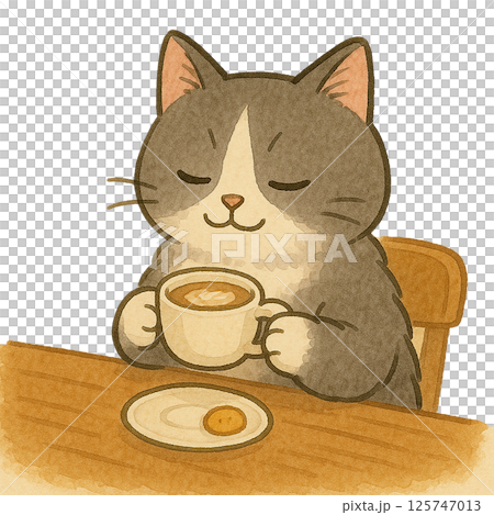 カフェでコーヒーを楽しむ猫のイラスト|癒しの表情・グレー猫・リラックスタイム カフェでコーヒーを楽しむ猫のイラスト|癒しの表情・グレー猫・リラックスタイム 125747013