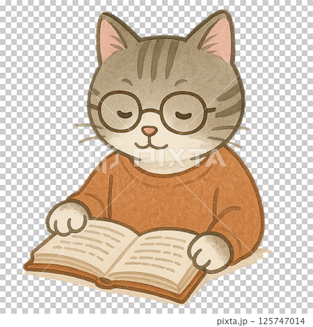 一隻享受閱讀的貓的插圖|戴眼鏡的棕色虎斑貓，性格聰明可愛 125747014