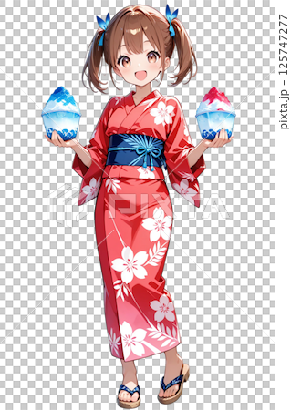 身穿浴衣的女孩正在享用夏日盛典和刨冰 125747277