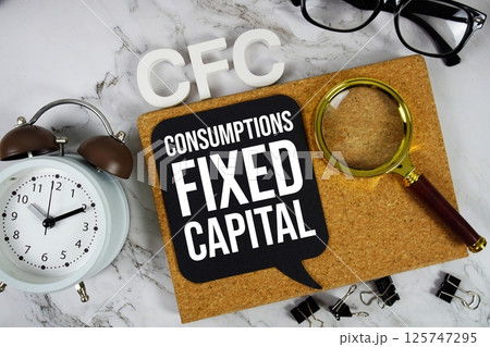 CFC - Consumption Of Fix Capital acronym with alarm clock and magnifying glass, Business concept background 125747295
