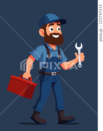 Mechanic with toolbox and wrench in blue overalls 125747314