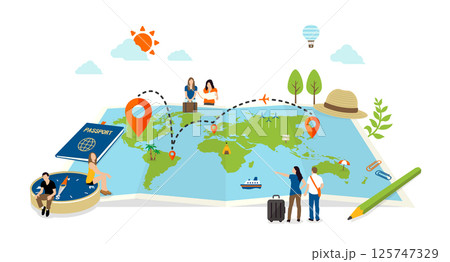 海外旅行・トラベルをモチーフとしたカラーイラスト (世界地図と旅行客) 125747329