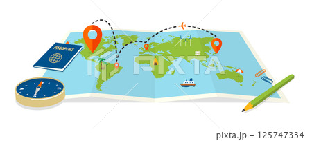 海外旅行・トラベルをモチーフとしたカラーイラスト (世界地図) 125747334