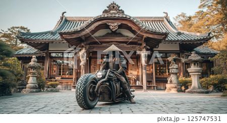 Retrofuturistic motorcycle, samurai, traditional Japanese temple, Art Nouveau, dramatic mood 125747531