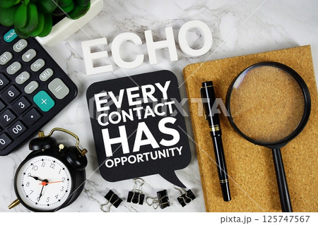 ECHO - Every Contact Has Opportunity acronym with calculator, alarm clock and magnifying glass, Business concept background 125747567