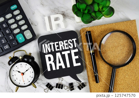 IR - Interest Rate acronym with calculator, alarm clock and magnifying glass, Business concept background 125747570