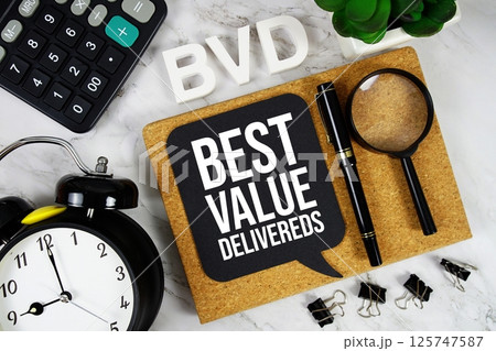 BVD - Best Value Delivered acronym with calculator, alarm clock and magnifying glass, Business concept background BVD - Best Value Delivered acronym with calculator, alarm clock and magnifying glass, Business concept background 125747587