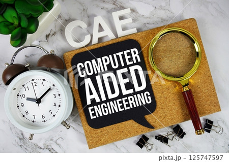 CAE - Computer Aided Engineering acronym with alarm clock and magnifying glass, technology and communication concept background CAE - Computer Aided Engineering acronym with alarm clock and magnifying glass, technology and communication concept background 125747597