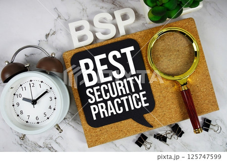 BSP - Best Security Practice acronym with calculator, alarm clock and magnifying glass, Business concept background 125747599