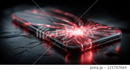 Shattered smartphone with glowing red cracks, digital chaos, technology failure, dramatic mood Shattered smartphone with glowing red cracks, digital chaos, technology failure, dramatic mood 125747664