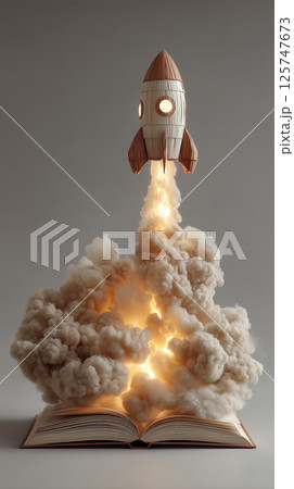 Rocket ship made of paper launching from open book with smoke and fire, symbolizing imagination Rocket ship made of paper launching from open book with smoke and fire, symbolizing imagination 125747673