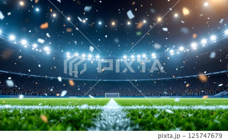 A football field illuminated at night, surrounded by a whirlwind of confetti, enhancing the celebratory vibe of the event 125747679