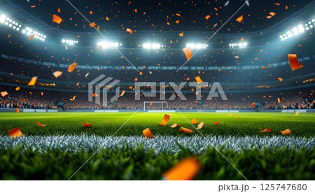 A football field at night, covered in a shower of confetti, celebrating the excitement of the game 125747680