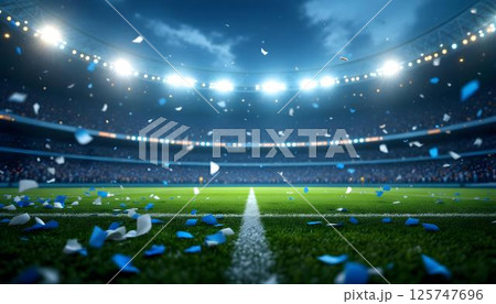 A lively soccer field under the night sky, featuring a burst of confetti that adds to the festive spirit A lively soccer field under the night sky, featuring a burst of confetti that adds to the festive spirit 125747696