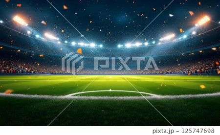 A soccer field illuminated at night, scattered with confetti, celebrating a thrilling football event A soccer field illuminated at night, scattered with confetti, celebrating a thrilling football event 125747698